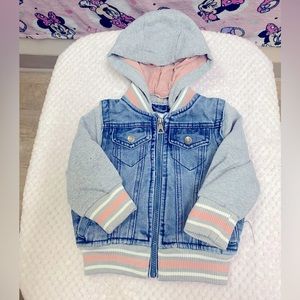 Urban republic denim jacket with cotton sleeves and hood. Toddler size 18 M.